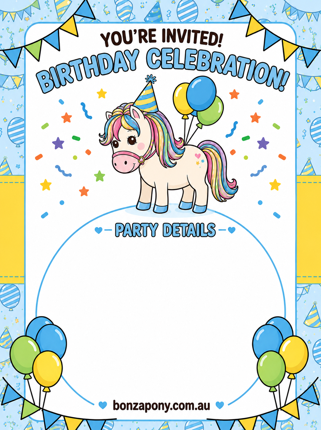 Blue Birthday Celebration Pony Invitation