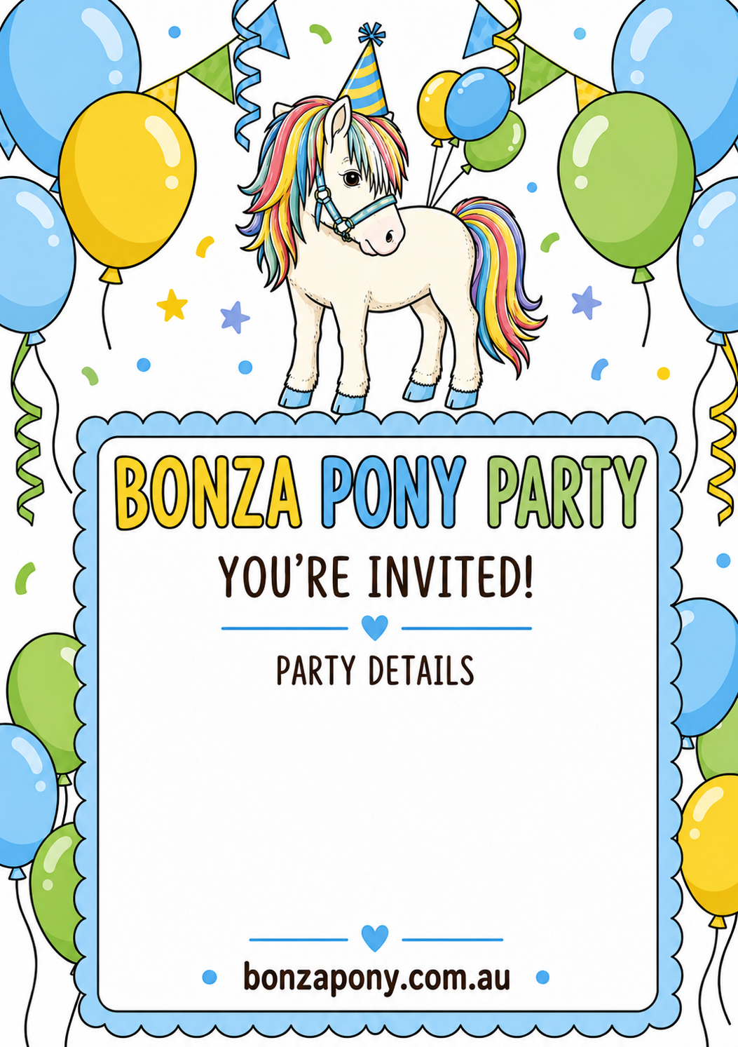Blue Bonza Pony Party Invitation