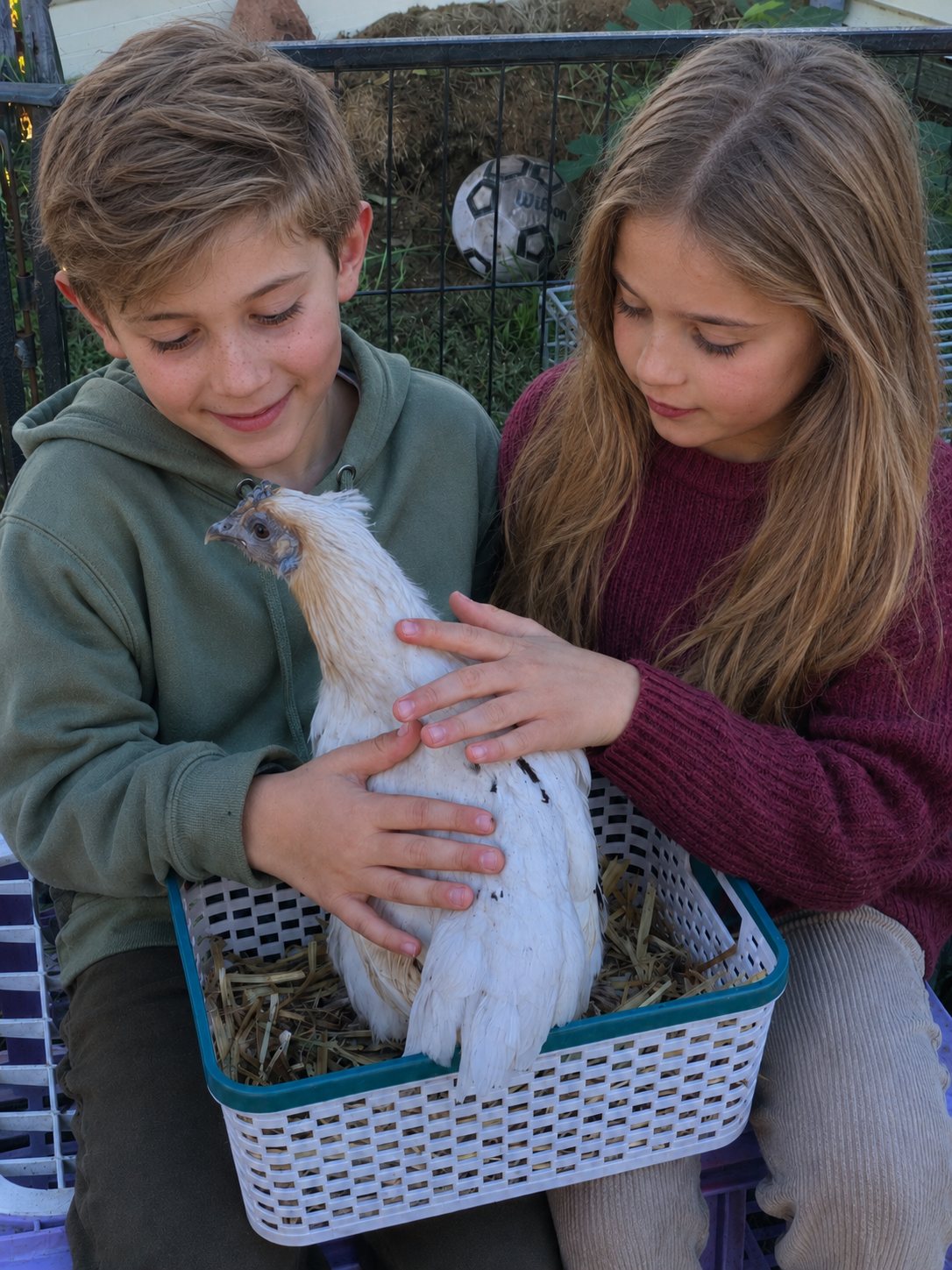 Children gently holding a chicken at a Bonza petting zoo party